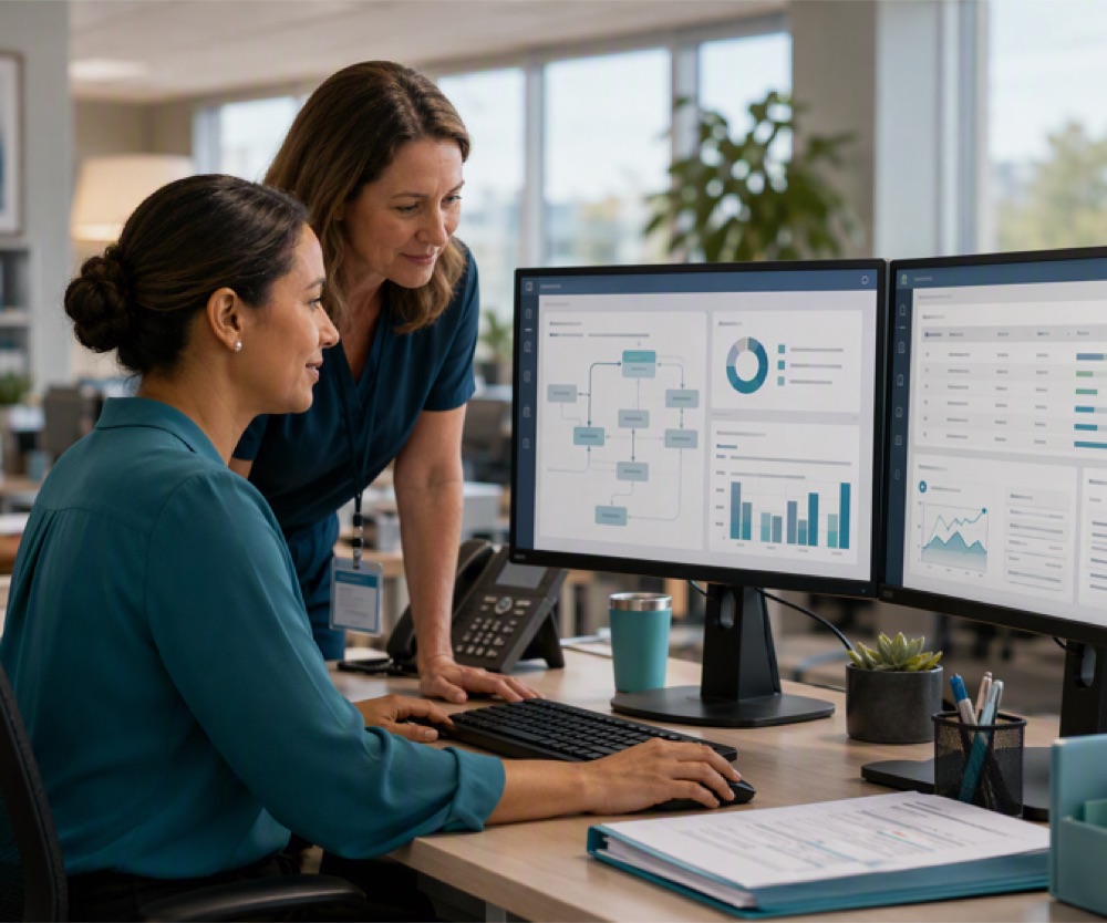 Agency staff member reviews financial dashboards on two monitors while a colleague looks on