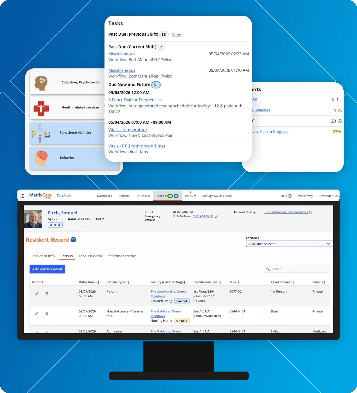 MatrixCare screens showing a resident record, shift tasks, alerts and care assessment categories
