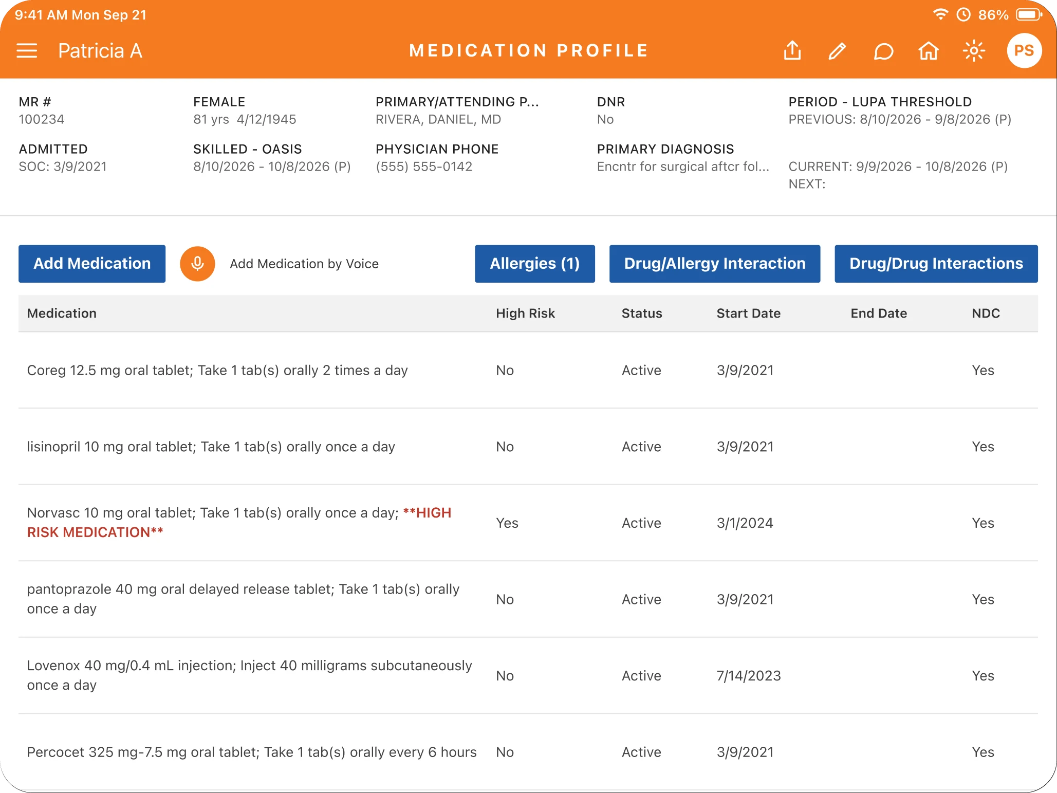 MatrixCare home health tablet app showing a patient medication profile
